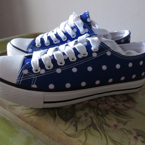 Lindy Bop Cobalt Blue Polka Dot Sneakers 6 - Picture 1 of 2
